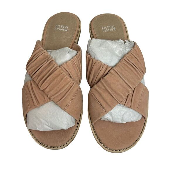 EILEEN FISHER sandals Womens 8.5 Toffee Cream Slide Cross Cross Flat Nubuck NEW - Picture 3 of 9